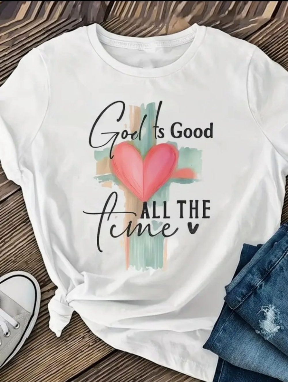 God Is Good All The Time Heart Cross Graphic Tee - White